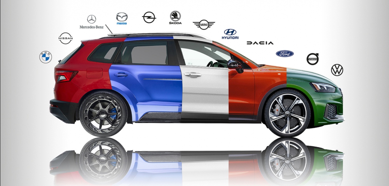Ein aus 5 unterschiedlichen Fahrzeugen zusammengeschnittener bunter PKW in der Seitenansicht, im Hintergrund diverse Markenlogos um die Mehrmarkenkompetenz zu zeigen
